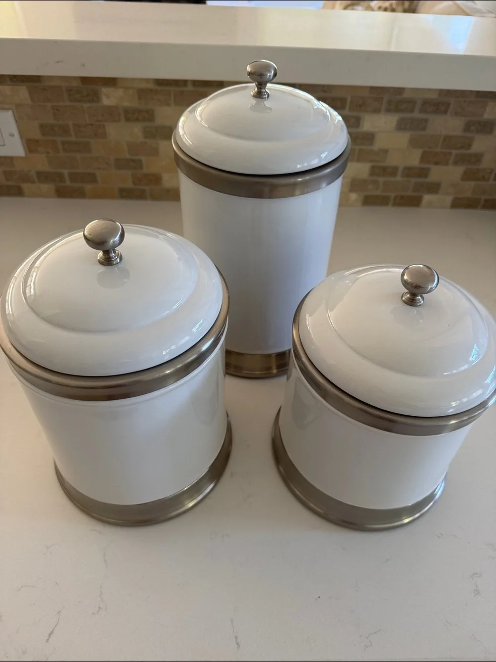 Williams Sonoma White Ceramic Canister Set with Silver Accents Set of 3 NWOT